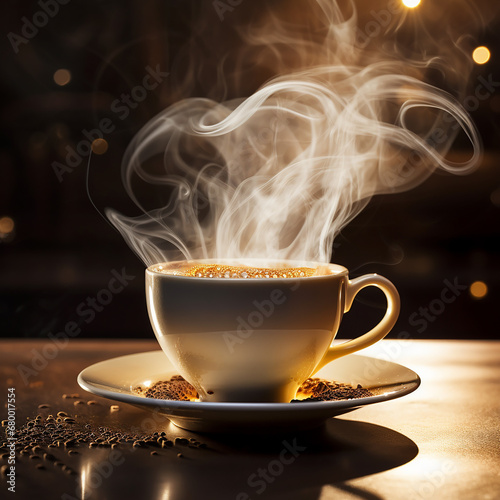 AI-Generated Image Steamy Coffee Up-Close Steam Rising Coffee Cup Tea Cup Delicate Wisps Background Contrast Tea Aroma Macro Steam Details Close-Up Cute Coffee Mug filled with Hot Coffee in a Dim Cafe