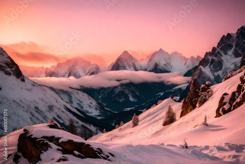 A majestic mountain range covered in a blanket of snow, with the first light of dawn painting the peaks in shades of pink and gold. The serene alpine beauty is truly captivating. --