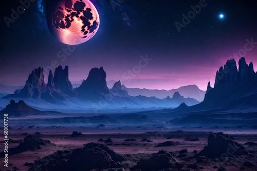 A surreal moonscape with alien-like rock formations under a st