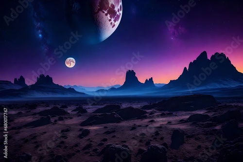 A surreal moonscape with alien-like rock formations under a st