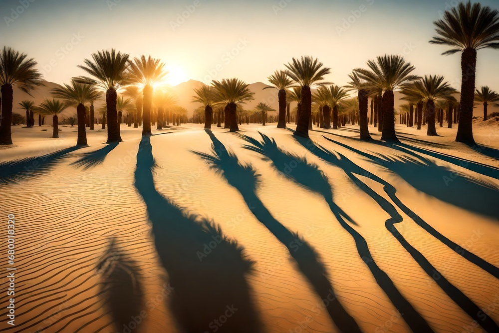 Imagine A surreal desert oasis, with palm trees casting long shadows on the sand and a shimmering oasis in the background. --