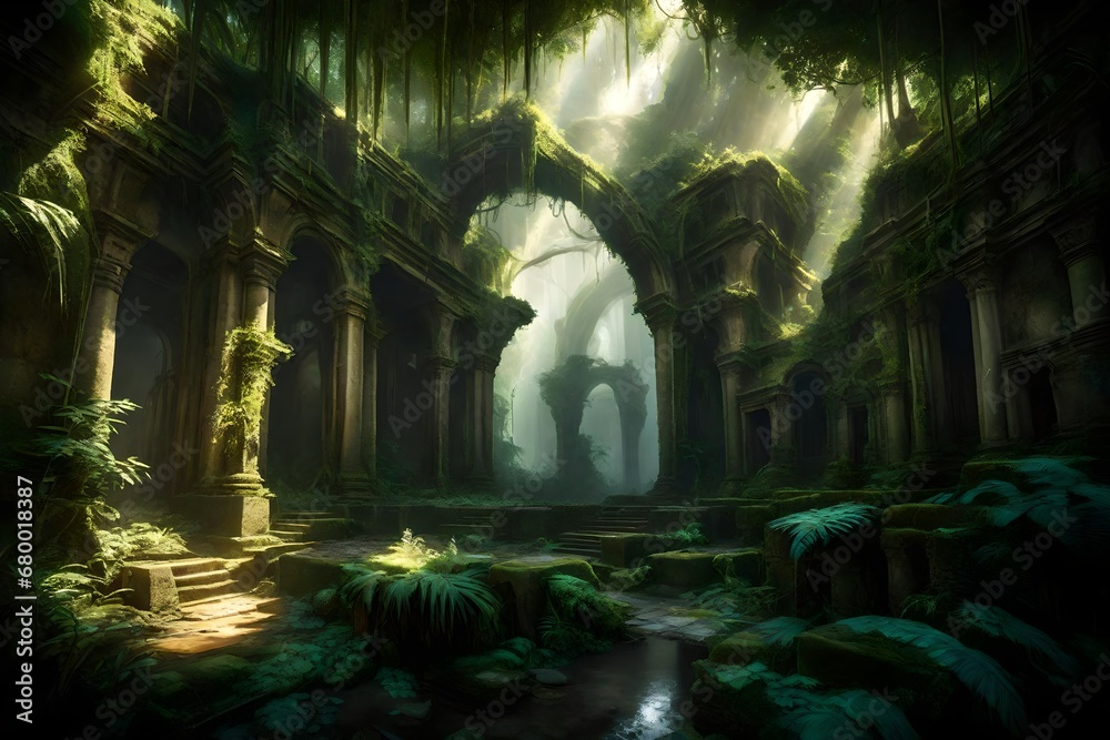 Imagine An ancient, overgrown ruins in a mystical jungle, with shafts of sunlight piercing through the dense canopy. --