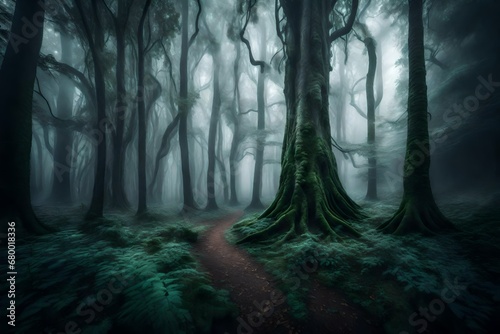Obraz na płótnie Imagine A dense fog rolling over a mysterious, ancient forest, shrouding towering trees in an ethereal atmosphere. -- w salonie