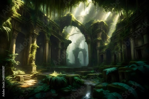 Obraz na płótnie Imagine An ancient, overgrown ruins in a mystical jungle, with shafts of sunlight piercing through the dense canopy. -- w salonie