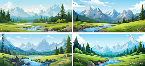 nature vector landscape tree illustration sky green background mountains environment beautiful summer 