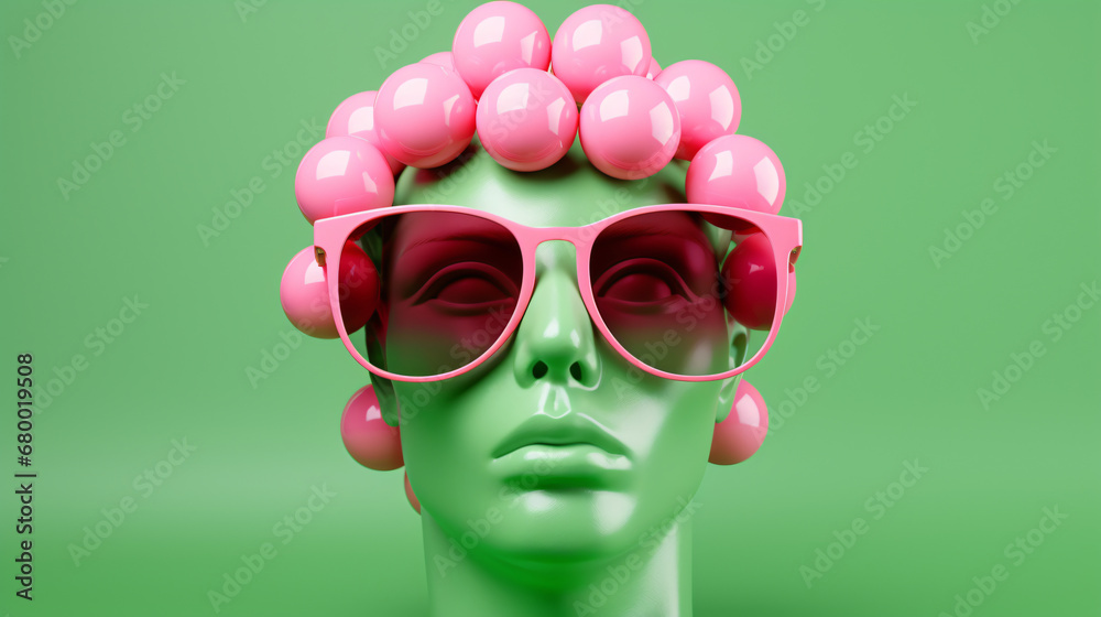 Minimal scene of sunglasses on human head sculpture