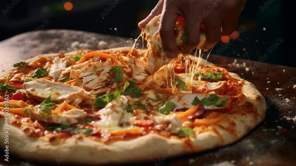 A dynamic shot of Thai Chicken Pizza being prepared, capturing the motion of ingredients being sprinkled onto the pizza.