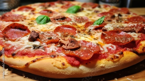 A freshly baked pepperoni and mushroom pizza with a perfectly crispy and thin crust.
