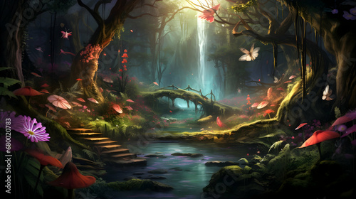 Enchanted forest with whimsical mushroom houses by a serene stream  a fairytale setting for magical stories