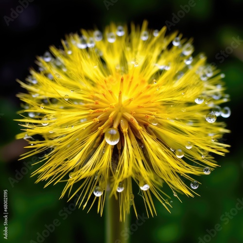 Taraxacum officinale  the beautiful yellow dandelion flower with waterdrops. Macro photo. Generative AI