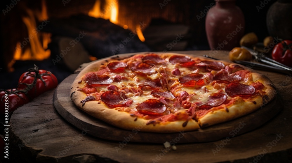 A pepperoni and bacon pizza, captured in a rustic setting with a country feel.
