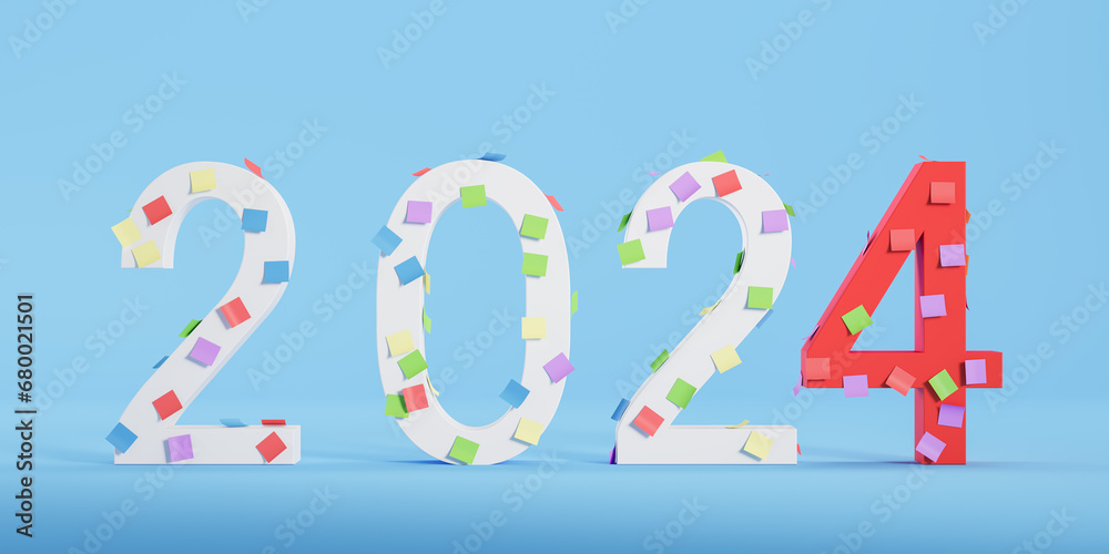 Fototapeta premium 2024 with colorful sticker notes on blue background, plans concept