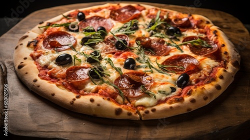 A pepperoni and black olive pizza with a drizzle of olive oil, highlighting the Mediterranean influence.
