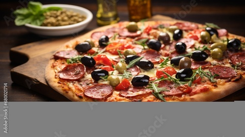 A pepperoni and black olive pizza with a drizzle of olive oil, highlighting the Mediterranean influence.