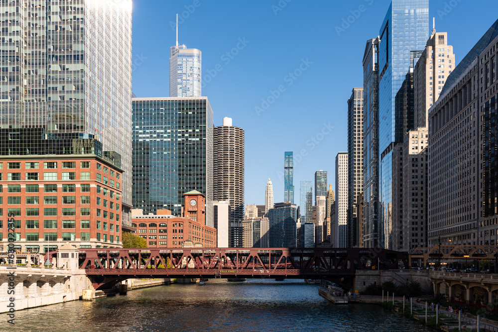 Wells Street Bridge architecture with skyscrapers, office buildings