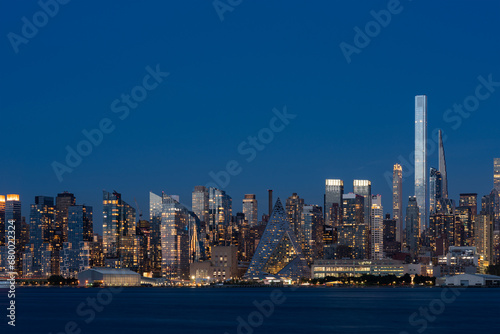 New York west side and panoramic view on office buildings at night