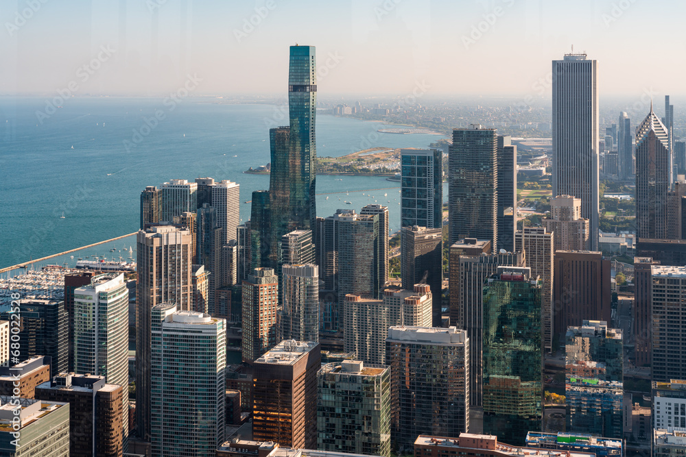 Chicago city skyscrapers aerial view, lake Michigan and coastline