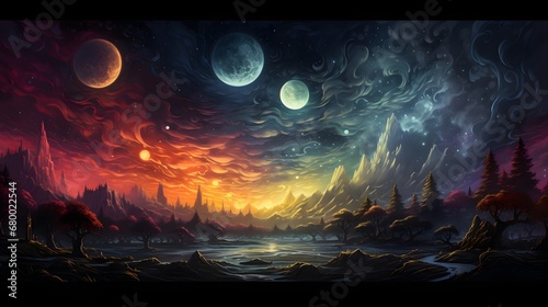 Fantasy Landscape with Dual Moons and Surreal Sky
