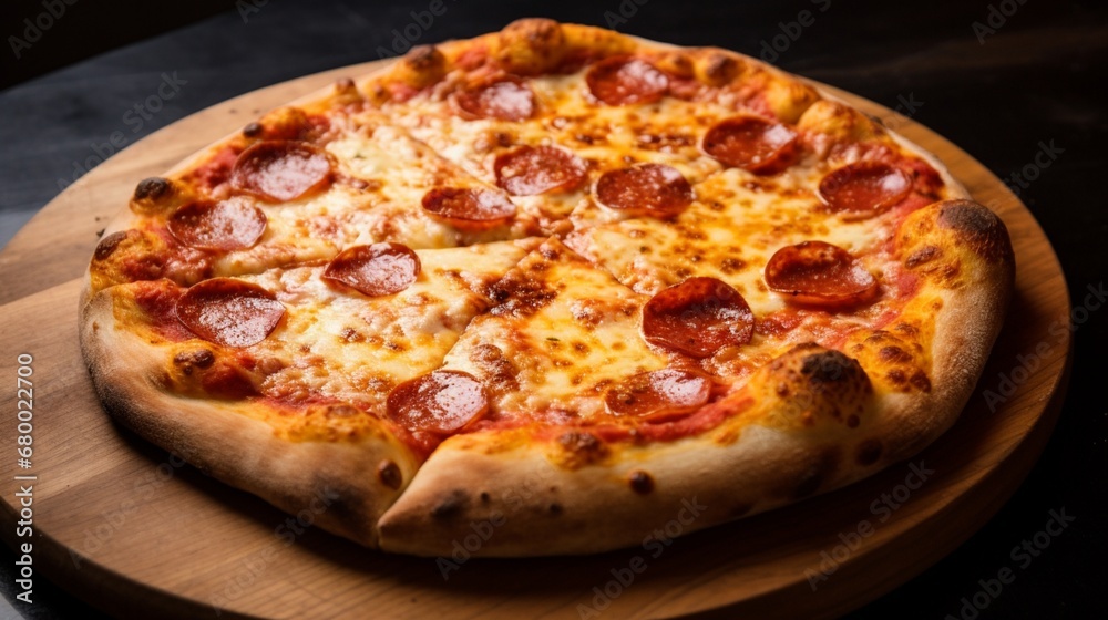 A pepperoni and cheese pizza with a beautifully golden-brown crust, oozing with melted mozzarella.