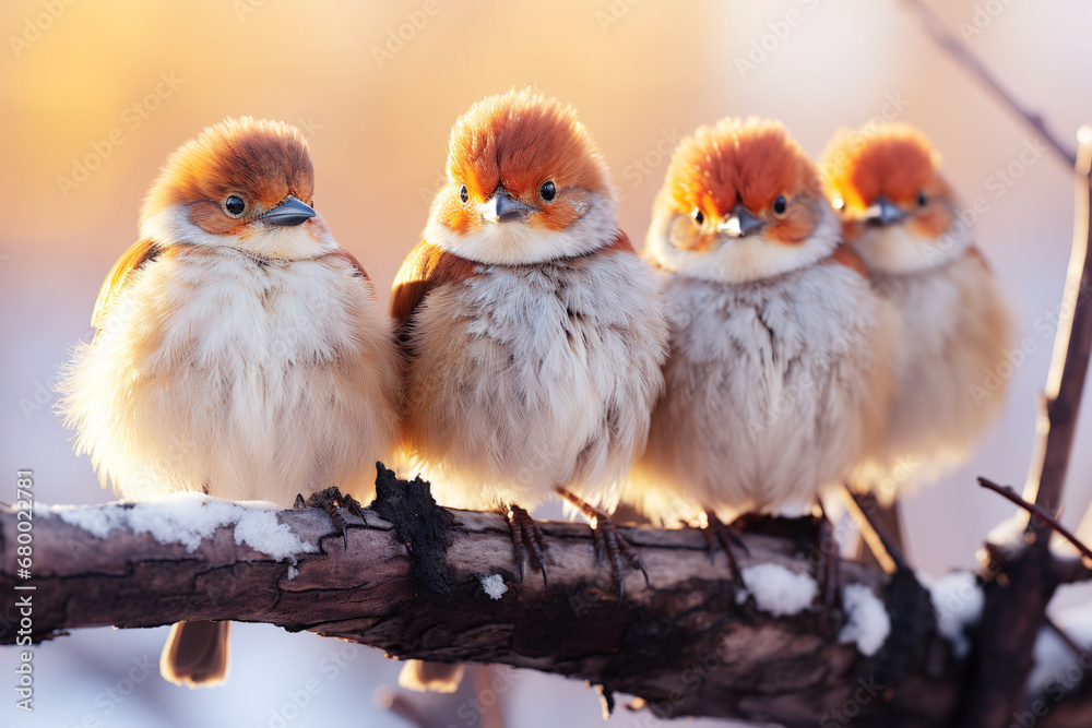 Four wet red sparrow birds on top of a branch with the sunset in the background. Generative AI