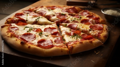 A pepperoni and cheese pizza with a beautifully golden-brown crust, oozing with melted mozzarella.