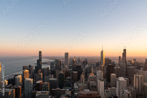 Chicago city skyline aerial view  lake Michigan and evening sunset