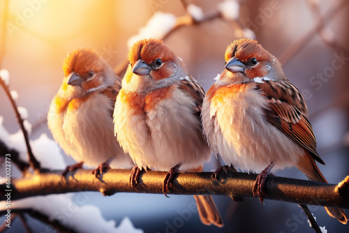 Three wet red sparrow birds on top of a branch with the sunset in the background. Generative AI