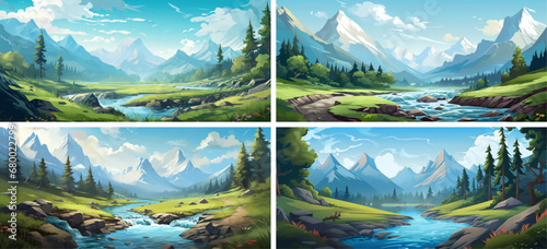 nature landscape mountain sky vector illustration meadow tree design forest summer travel 