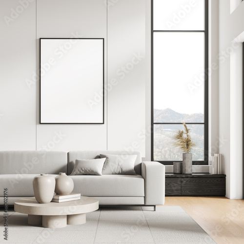 White home living room interior sideboard and couch near window  mockup frame