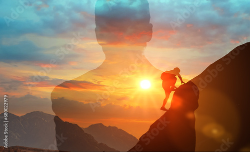 silhouette of businessman climbing mountain and Rear view of businessman standing on top of mountain achieving business goals. double exposure