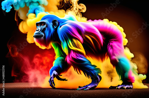 A large orangutan amidst the colored smoke © C.KEN.J