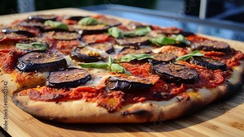A pepperoni and eggplant pizza, baked to perfection and ready to be enjoyed.