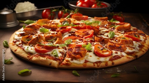 A pepperoni and grilled chicken pizza, showcasing a combination of protein-rich toppings.
