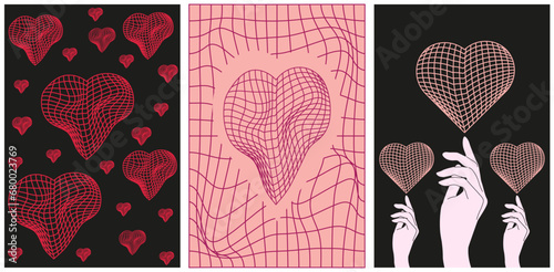 Set 3d abstract Geometric y2k aesthetic Valentine's Day background with wireframe Heart. Geometry distorted retro design. Vector illustration social networks, web pages, website, banners and posters