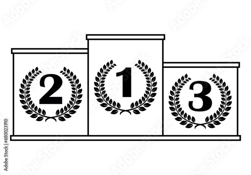 winner podium with numbers in laurel wreath, black and white vector illustration on white background