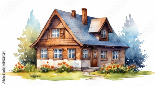 Quaint Cottage with Garden Watercolor Illustration