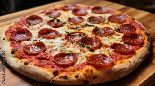 A pepperoni and onion pizza, hot and bubbling, ready to be sliced and devoured.