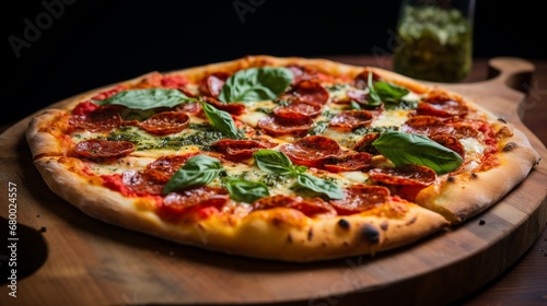 A pepperoni and pesto pizza with vibrant green basil leaves and a generous amount of pepperoni.