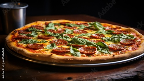 A pepperoni and pesto pizza with vibrant green basil leaves and a generous amount of pepperoni.