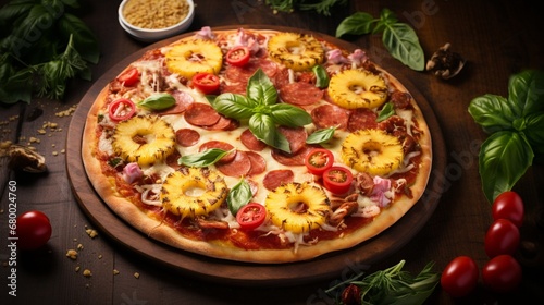 A pepperoni and pineapple pizza with a colorful array of ingredients, resembling a work of art.