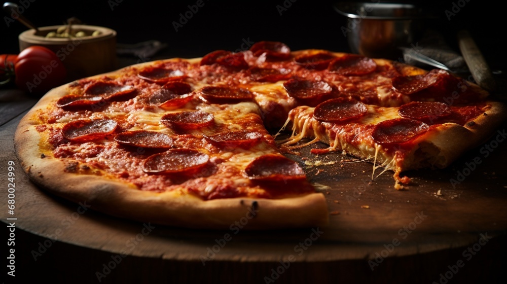 A pepperoni pizza with a perfectly golden, blistered crust, oozing with savory tomato sauce.