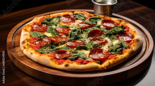 A pepperoni and spinach pizza, fresh out of the brick oven, showcasing its crispy yet chewy crust.