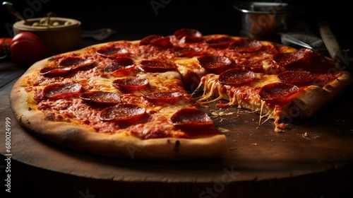 A pepperoni pizza with a perfectly golden, blistered crust, oozing with savory tomato sauce. © nomi_creative