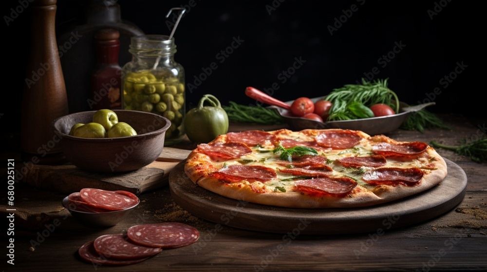 A rustic wooden table set with a pepperoni and green pepper pizza, ready to be enjoyed outdoors.
