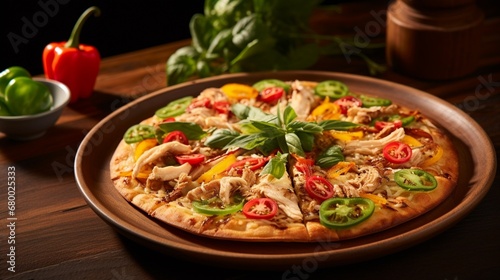 A slice of Thai Chicken Pizza with a creative arrangement of colorful bell peppers and tomatoes, enhancing its visual appeal.