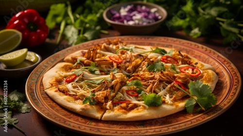 A slice of Thai Chicken Pizza being plated on a colorful dish  surrounded by Thai herbs and spices  enhancing its authenticity.