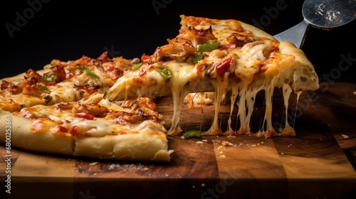 A slice of Thai Chicken Pizza being lifted with a pizza peel, showcasing its perfectly baked crust.