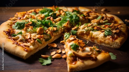 A slice of Thai Chicken Pizza being pulled away, showcasing the mouthwatering combination of chicken, peanuts, and cilantro.
