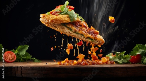 A slice of Thai Chicken Pizza suspended mid-air with a creative backdrop, adding an element of surprise and excitement.