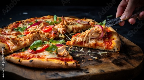 A slice of Thai Chicken Pizza being lifted with a pizza peel, showcasing its perfectly baked crust. © nomi_creative
